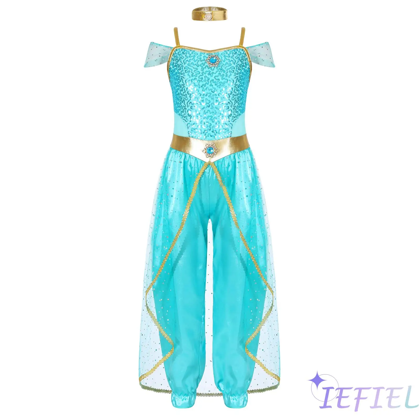 

Kids Girls Arabian Princess Costume Shiny Sequins Long Jumpsuit Bodysuit with Choker for Belly Dance Cosplay Dress Up Party