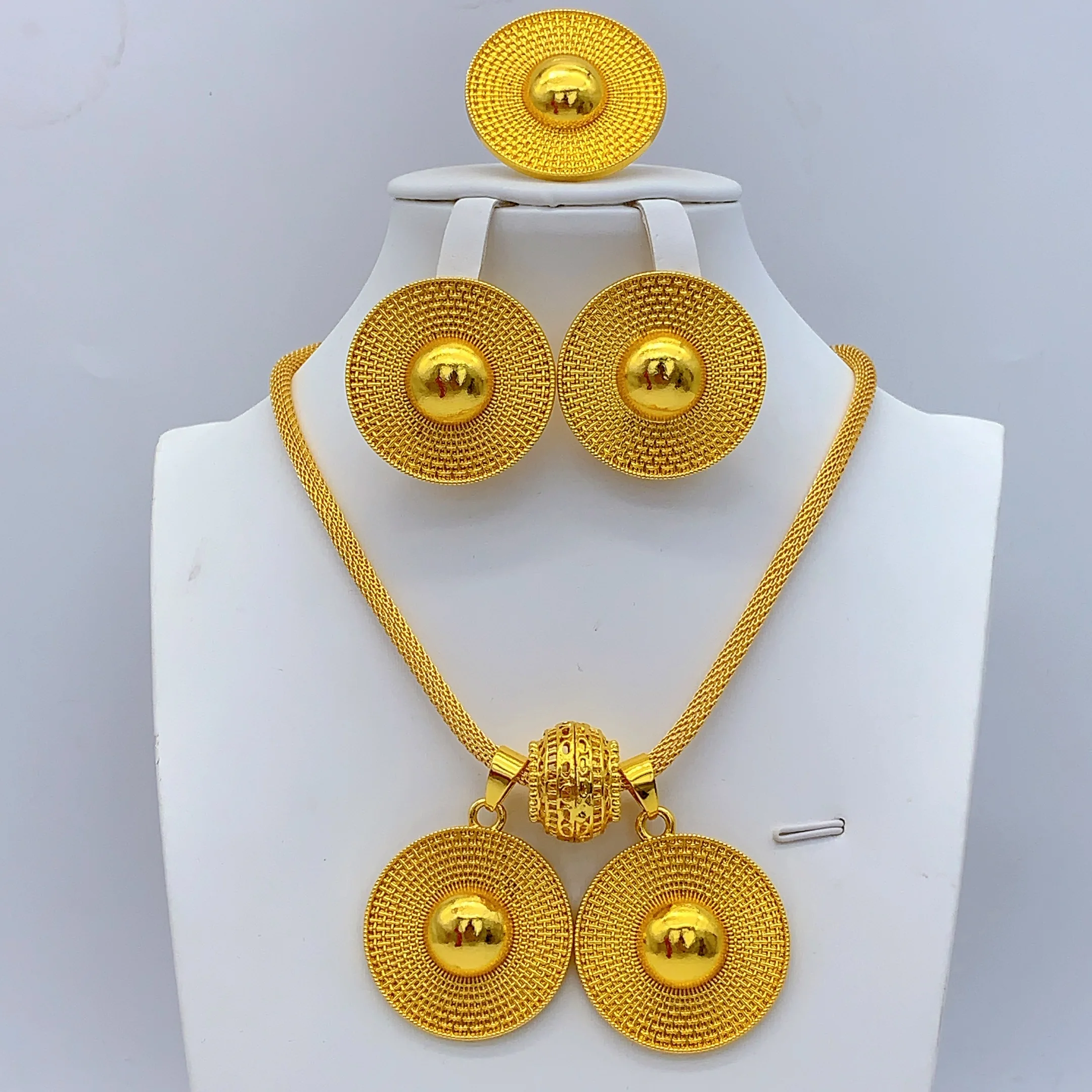 Luxuriöses Äthiopisches Zweireihiges Halsketten- und Ohrring-Set für Damen, Dubai Brautschmuck, 24k Goldfarben-Set, Hochzeitsgeschenke