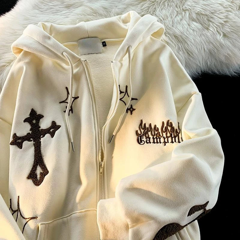 

Y2K Cross Embroidery Hoodies Women Vintage Loose Casual Zipper Hoodies Jacket Man Hip Hop Harajuku Punk Sweatshirts Streetwear