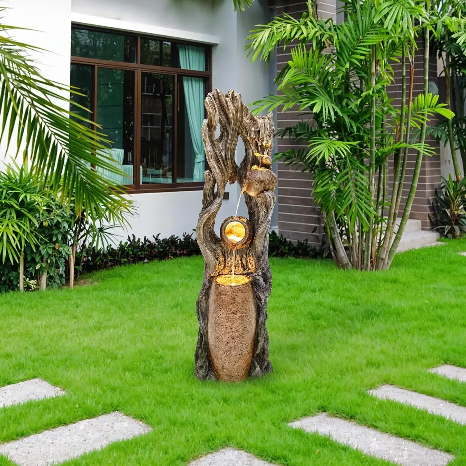 42.7in Tall Outdoor Water Fountain with LED Lights, 3-Tier Rainforest Waterfall Tree Trunk and Jar Garden Fountain, Ideal for Se