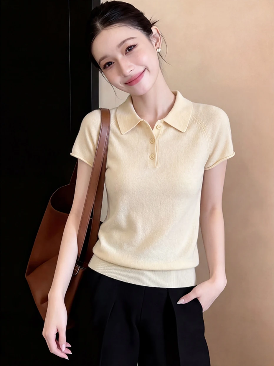 

Желтая вязаная футболка из ледяного шелка для женщин: летняя модная уникальная красивая безрукавка с воротником во французском стиле, универсальный крой