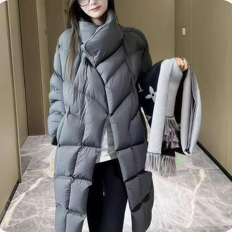 Winter Long Warm Knee Length Down Jacket Female Puff Fluffy Hooded Down Jacket Women White Duck Down Stand Collar Parker Outwear