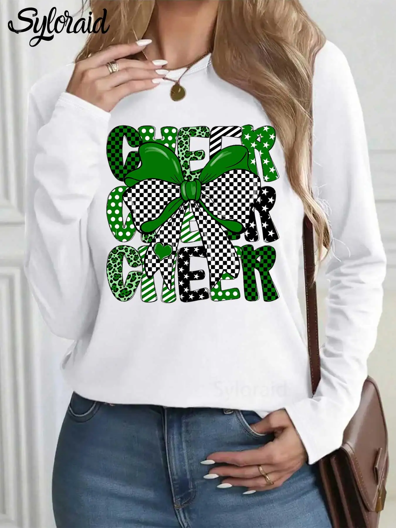 تي شيرت نسائي طويل الأكمام بفيونكة خضراء لكرة القدم يهتف جرافيك تي شيرت لعبة يوم قميص موضة رقبة مستديرة كاجوال #1