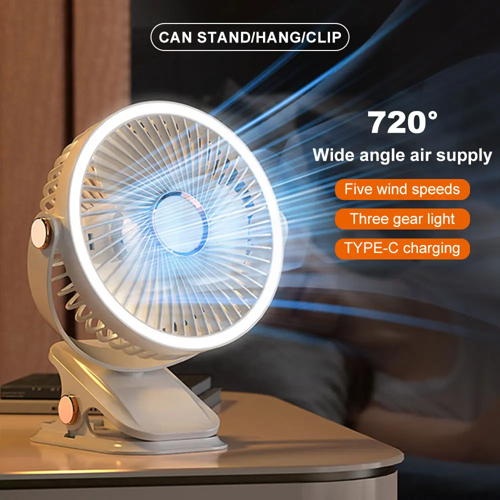 Table Clip-on Fan Portable 360 Rotation 5 Speeds Long-lasting Rechargeable Battery Fan Superior LED Lantern Convenience Comfort