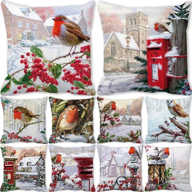 Christmas Decor Cushion Cover 45x45cm Robin Printed Pillowcase Winter Birds Christmas Holly Throw Pillow Cover Home Decorations