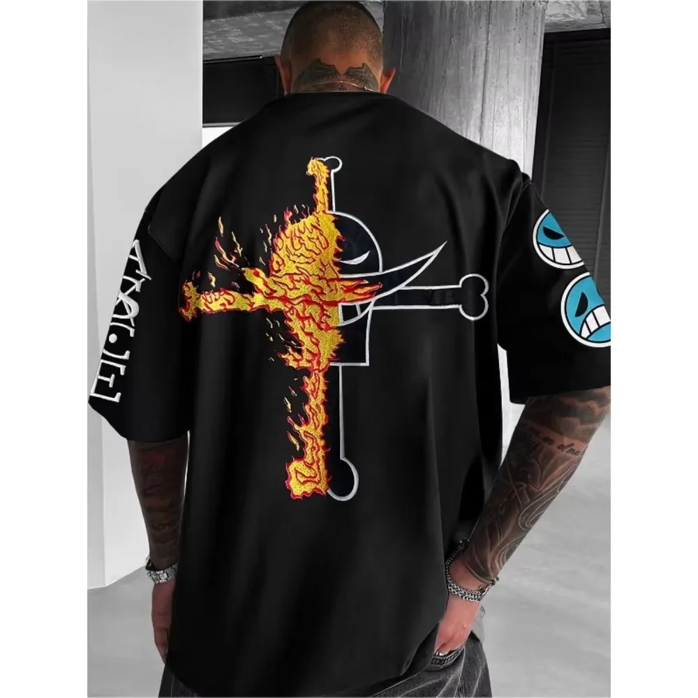 Image of One Piece Herren T-Shirt Portgas D. Ace Japanischer Anime Sommer Junge Frühling und Herbst Kinder Kurzarm Eltern-Kind-Kleidung