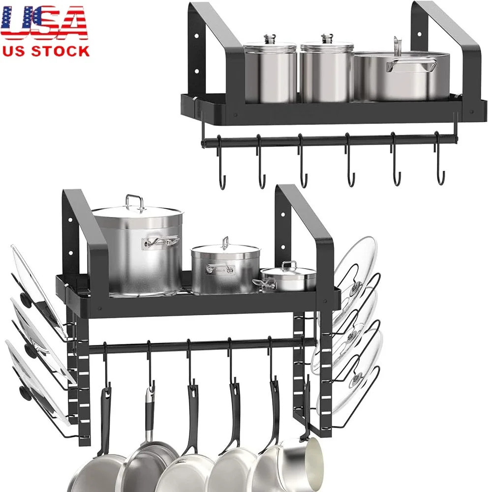 

Настенная вешалка для кастрюль, набор из 2 шт., с крючками, вешалка для полотенец, органайзер для посуды, кухонные полки, кастрюли, кастрюли, крышки, решение для хранения