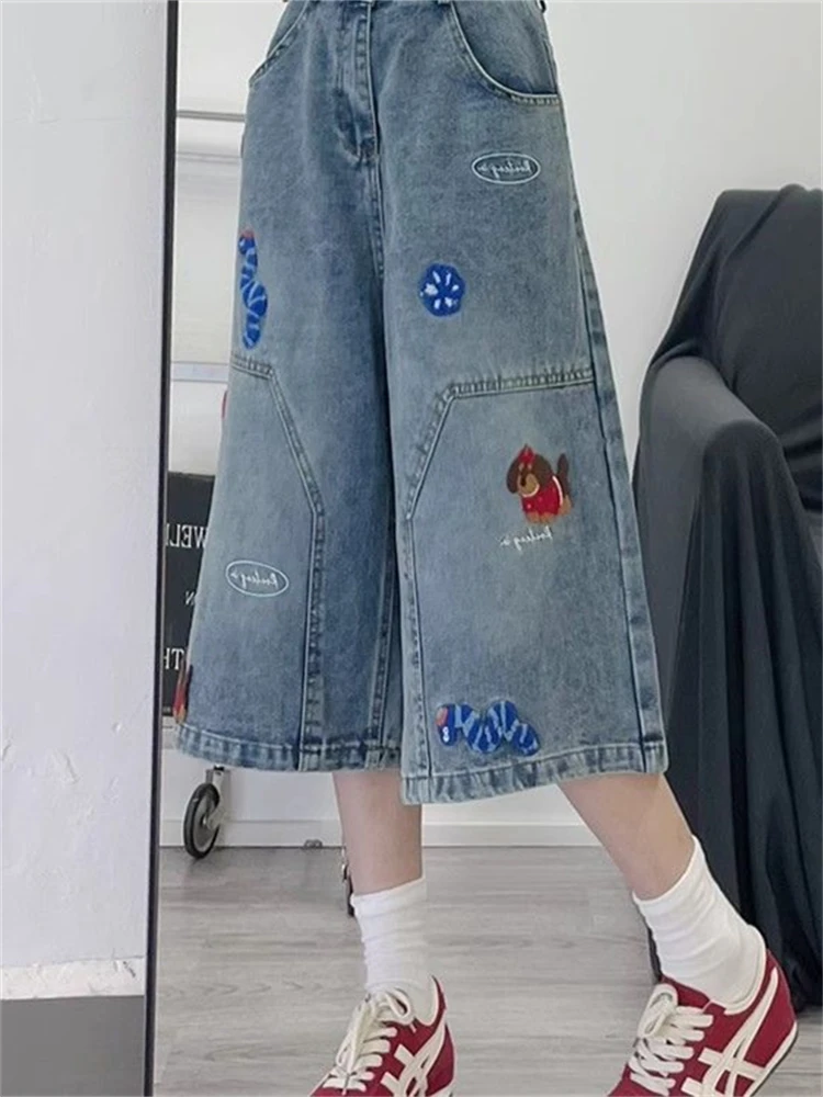 Plones Vaqueros Bordados de Dibujos Animados Retro Americanos, Plones de Pierna Ancha de Cintura Alta, Estilo Casual ...
