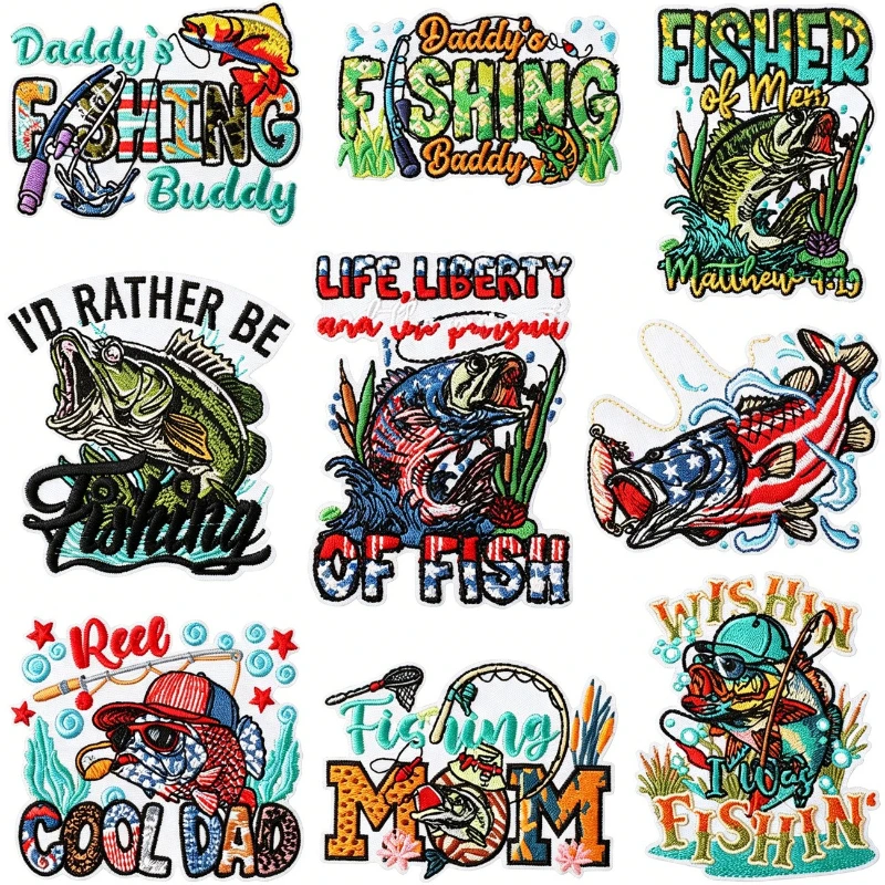 Fashion Creative Outdoor Sea Fishing Fishing Rod Fish Pattern Sew Iron-on Embroidered Patches Badges For DIY Clothing Bags Hat