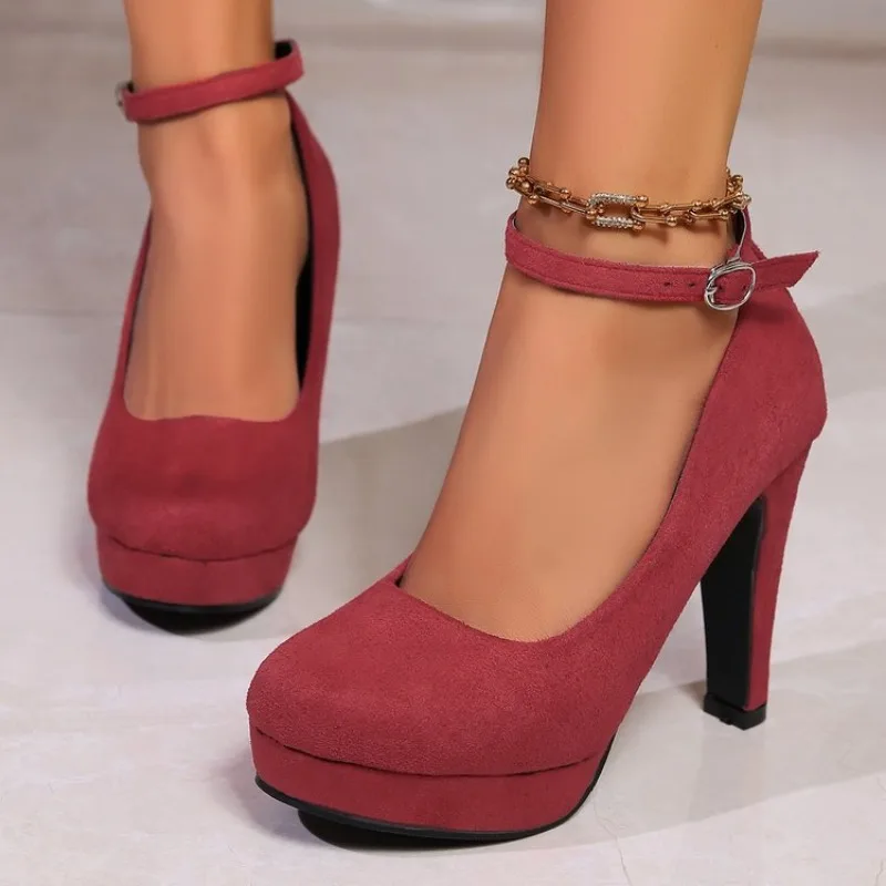 Women High Heels Fashion Suede Round Toe Female Platform Shoes Women Pumps Heeled Sandals Sexy Ankle Strap Footwear Big Size 42