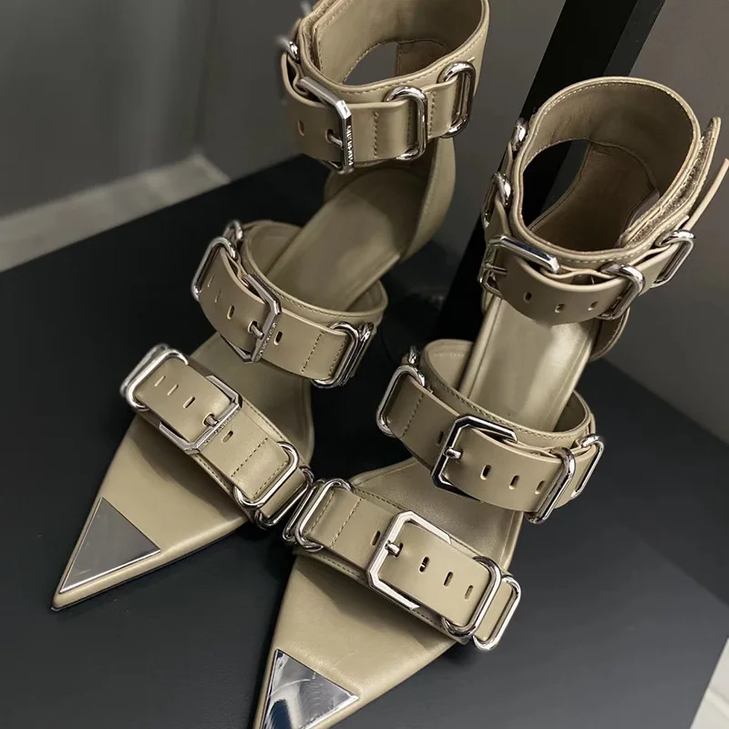 Pointed Toe High Heels Women Belt Buckle Fashion Designer Sandals Open-toe Metal Buckle Roman Sandals Sexy Punk Sandals Women