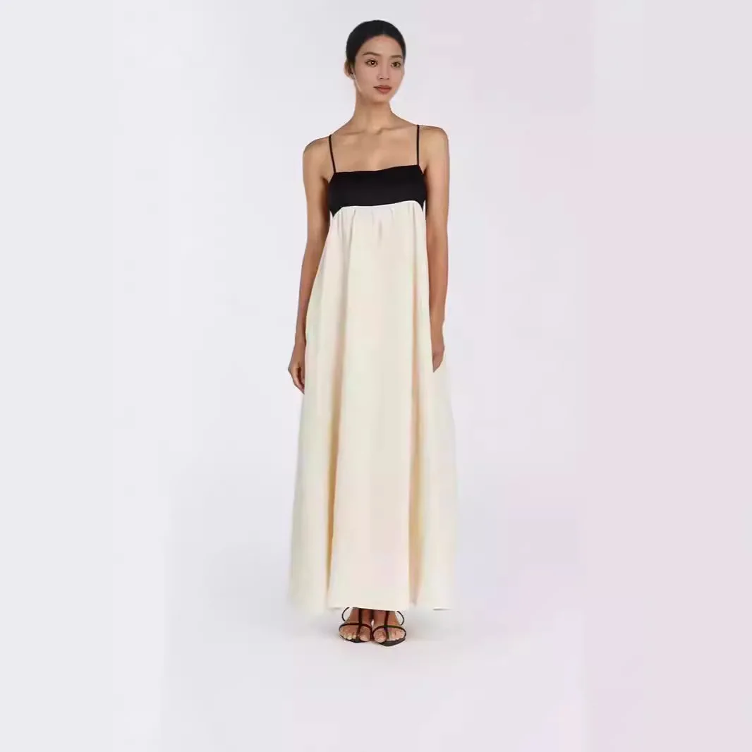 Color Block Spliced Strap Dress women summer spaghetti strap loose sleeveless camis dress sun casual long dress