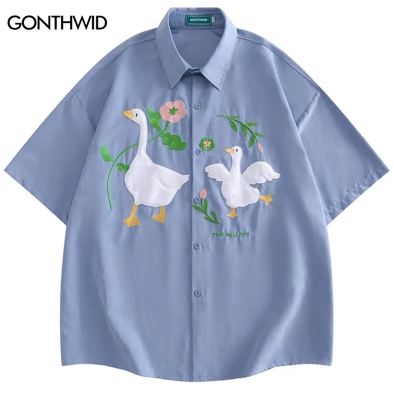 Harajuku Men Shirts Funny Embroidery Flower White Duck Goose Patch Short Sleeve Blouse Summer Loose Button Up Shirt Streetwear