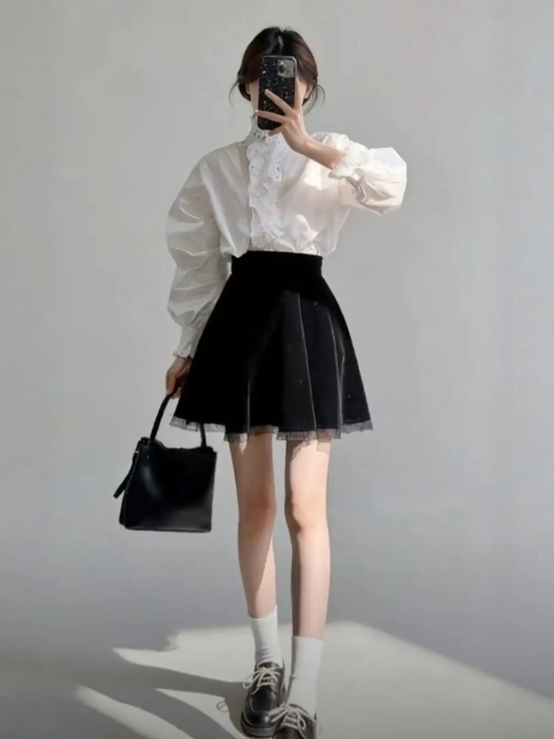 

Spring Faion Korean Sle irt And Puffy Skirt Set Women's Slim Fit Long Sve Casual Wear Warm mid Waist Pure Color