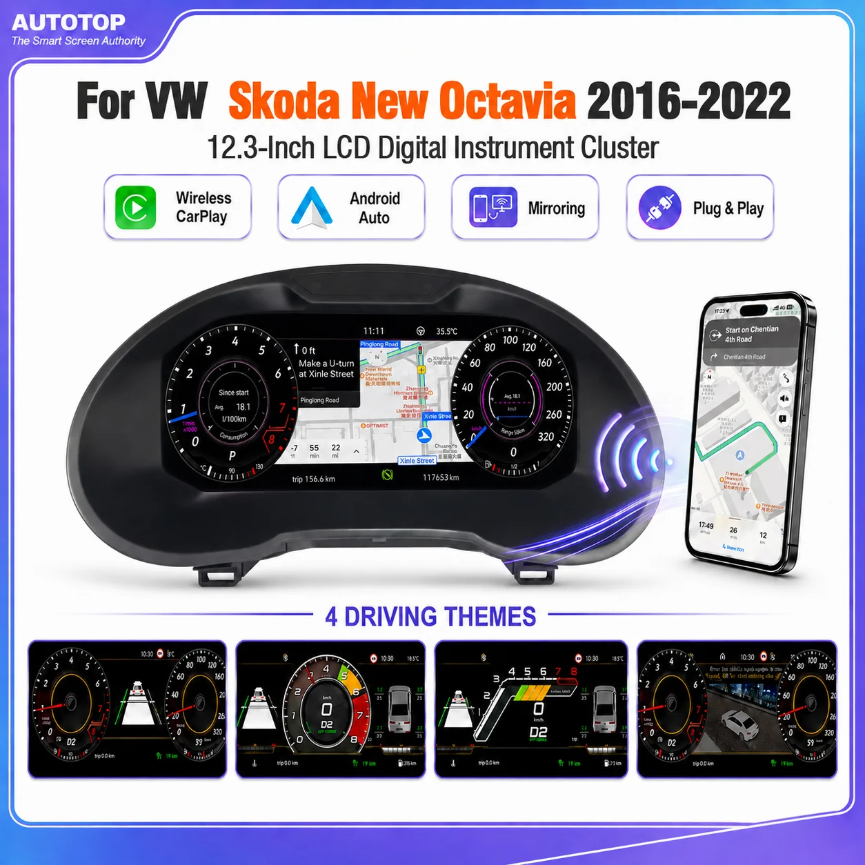 AUTOTOP Tableau de bord numérique 12,3 pouces pour Volkswagen VW Skoda Nouvelle Octavia 2016-2022, mise à niveau du tableau de bord virtuel LCD avec CarPlay sans fil, Android Auto, AirPlay, AutoLink, affichage de la navigation GPS, style OEM Plug and Play, pression des pneus, ACC, vitesse