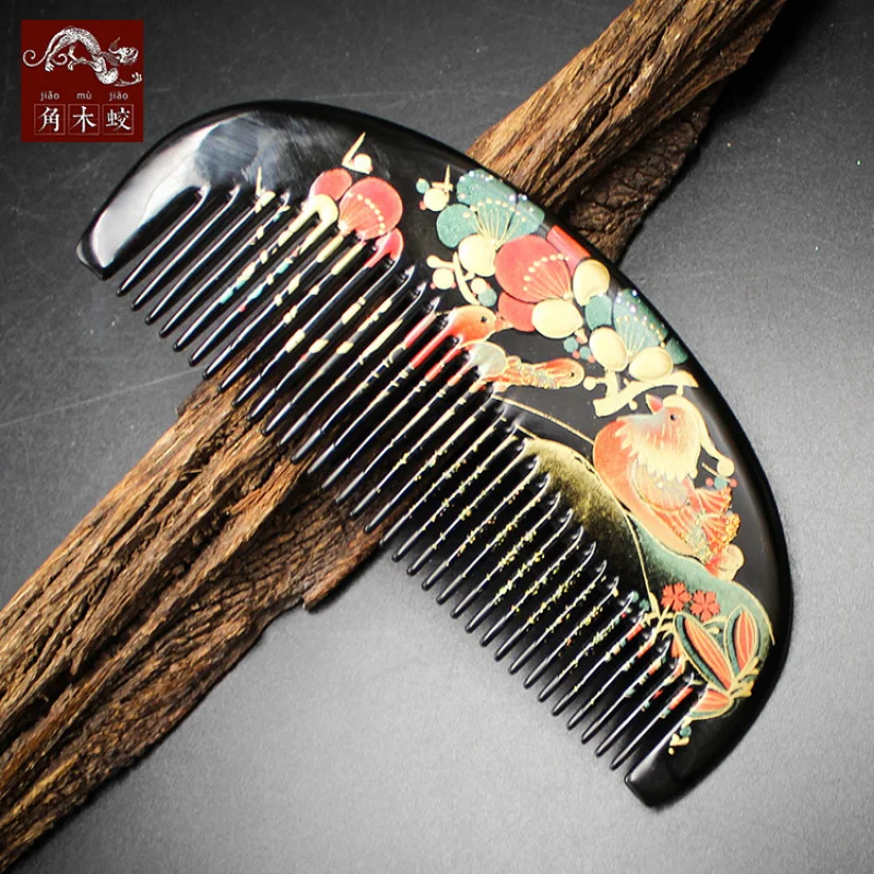 Hand-painted lacquer art comb made from buffalo horn, new model