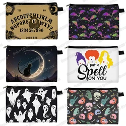 Ouija Board Ghost Print Cosmetic Case Magic Black Cat Witch Women Makeup Bag Bats Skull Candy Napkin Storage Bags Halloween Gift
