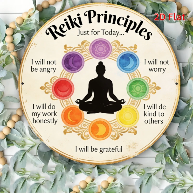2D Flat, 1pc Reiki Principles Round Metal Wall Sign - Vintage Reiki Chart with Symbols, Weatherproof Aluminum Plate Suitable For