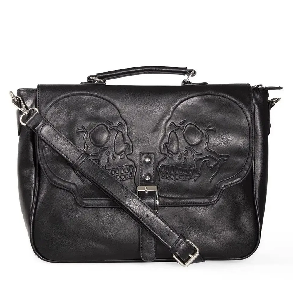 Annmouler Large Capacity Gothic Skull Handbag Designer Women Punk Tote Bag Y2K Crossbody Bag with Long Strap Embossed Briefcase