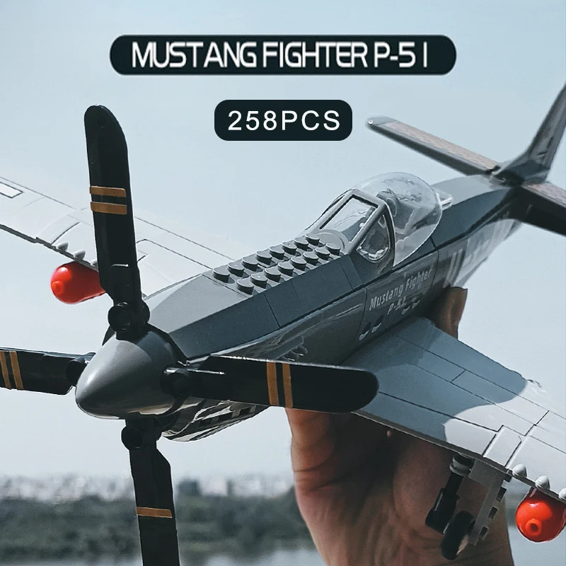 Air Force Military P51 Mustanging Fighter WW2 Soldier Weapon Aircraft Propeller Plane Model Building Blocks Toys For Children