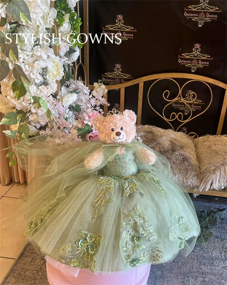 Green V Neck Special Link For Personalized Quinceanera Teddy Bear Dress Exquisite Beaded Flowers Appliques Customized