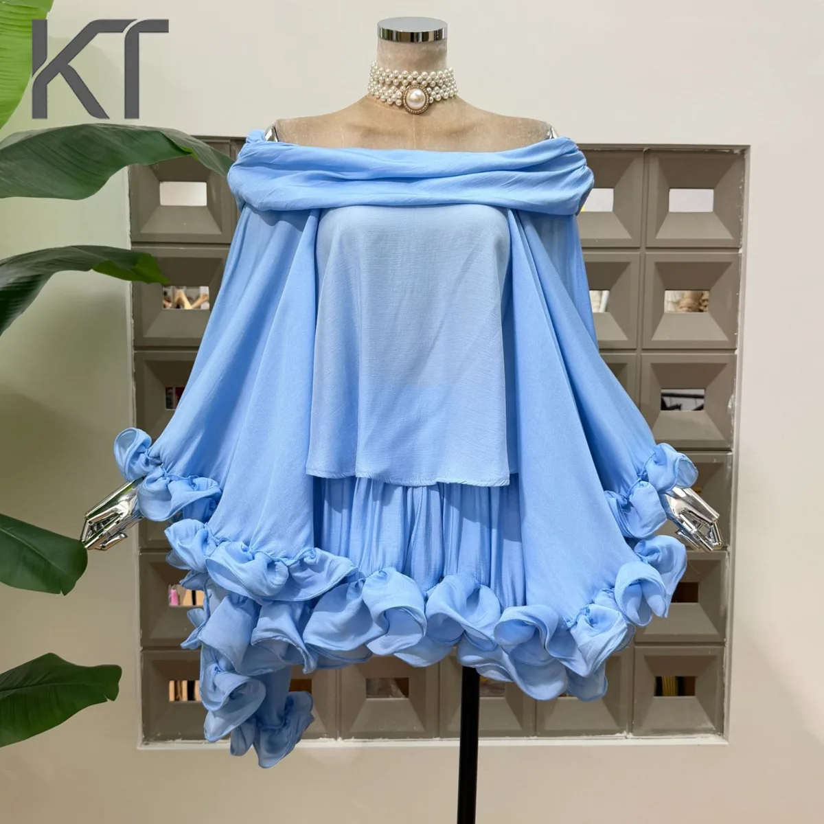 

KT Fairycore Sky Blue Off The Shoulder Blouse for Women Ruffle Hem Loose Fit Chiffon Flare Sleeve Party & Holiday Tops