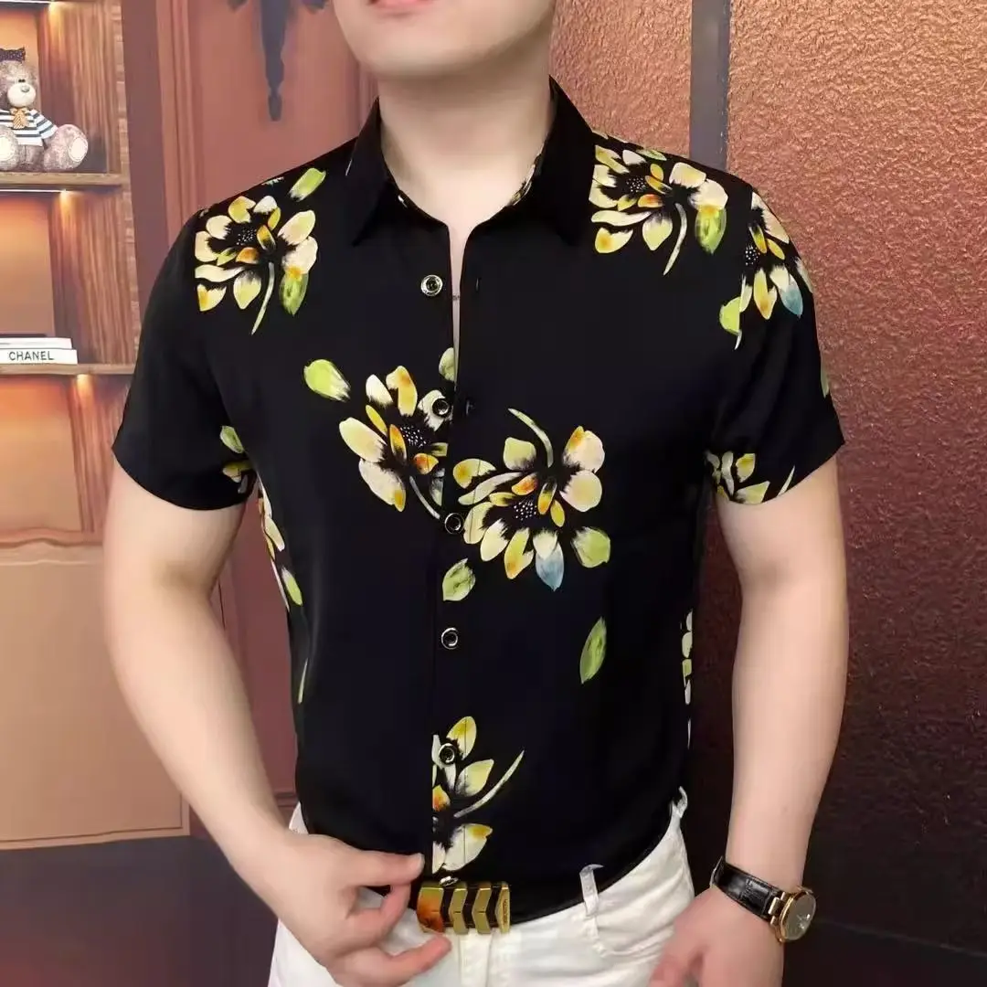 

High Quality Short Sleeved Floral Shirt for Men Casual Business Dress Shirts Slim Fit Office Social Uniform Shirt Men Clothing