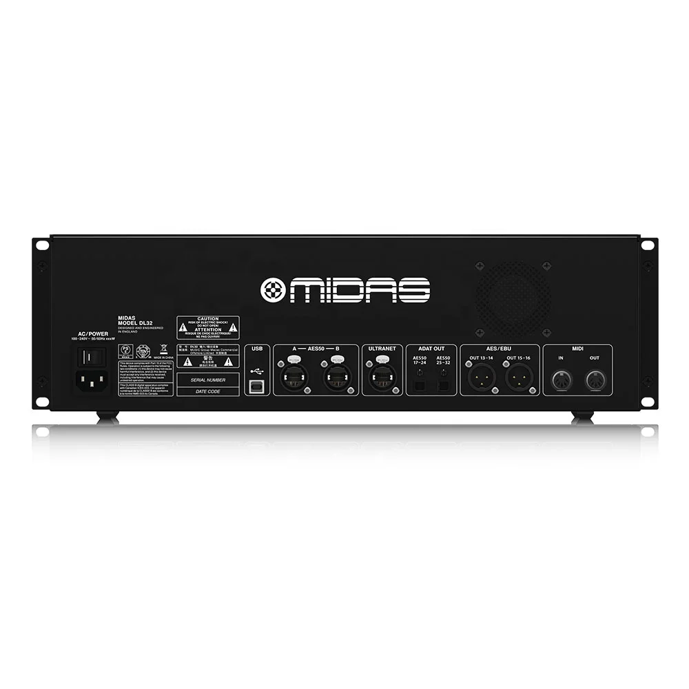 

Сценический блок Midas DL32 с 32 входами и MIDI-входом/выходом для цифровых микшеров Midas серии M32, звуковых систем PA и музыкального оборудования для сцены