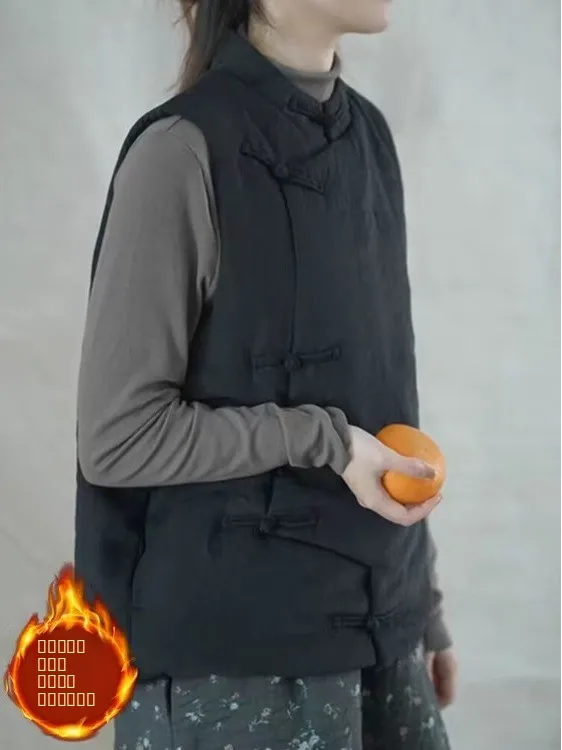 

Warm Cotton Inserted Chinese Sle Women's Vest Stand Collar Button up Outerwear Thiened Winter Faion Versatile Jaet