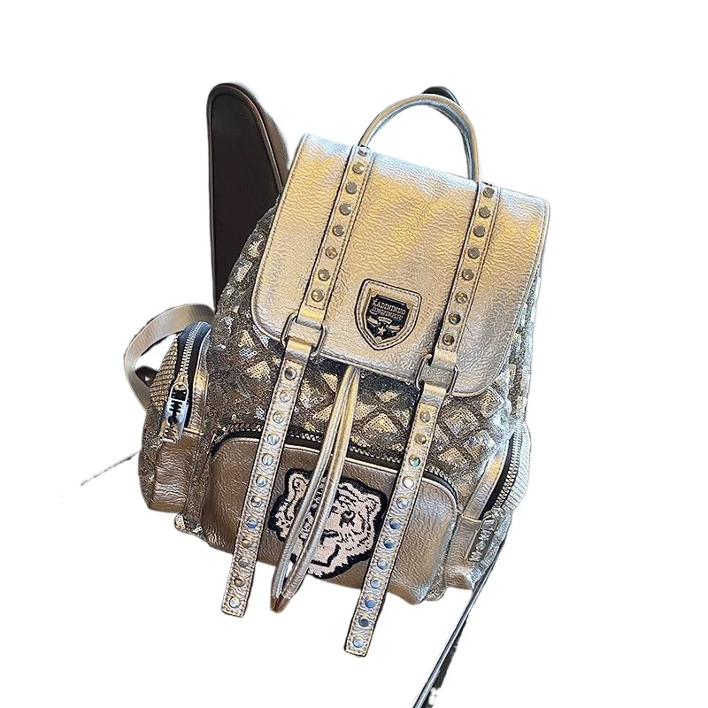 Sequined Backpack Women' New Personalized Fashion Versatile Rivet Women's Bag Premium Embroidery Thread Foreign Style Travel Bag