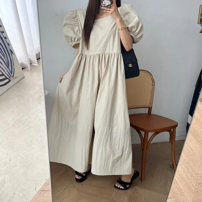

Retro Square Collar Patchwork Bubble Sleeve Dress Women's Summer New Style Loose Slimming Long Dress Korean Style Casual Dress