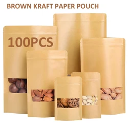 100pcs Resealable Kraft Paper Stand up Pouch with Window Moisture-proof Zip Lock Food Gift Packaging Bags for Party Festival