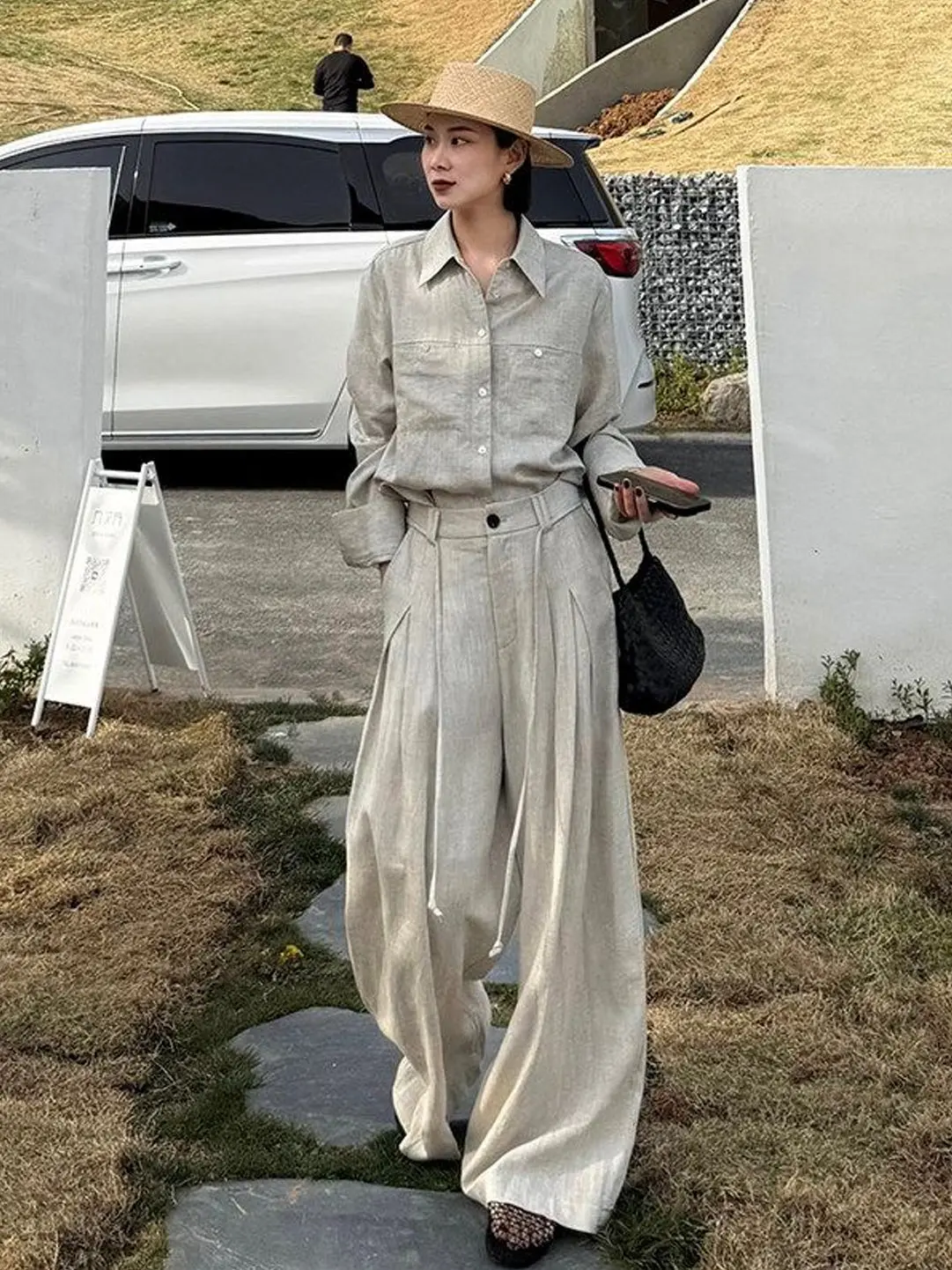 

Elegant Casual Shirt Set Women's High Waist Commute High Waist Loose Fit Spring Fashion Set Breathable Long Sleeve Button up