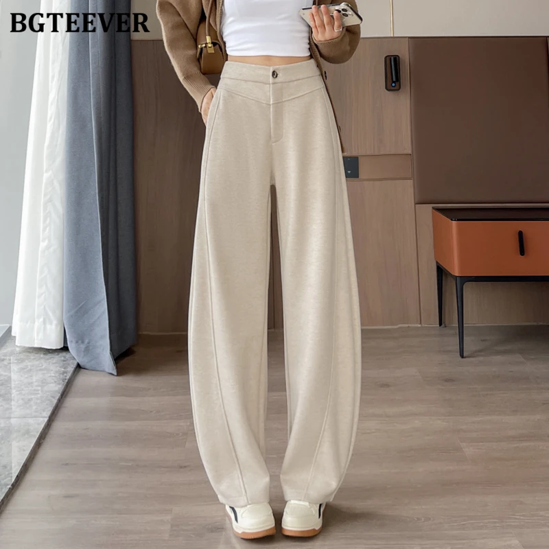 BGTEEVER Pantaloni dritti da donna caldi addensati casual Autunno Inverno Moda Vita alta Tasche femminili larghe Pantaloni da tuta a gamba larga