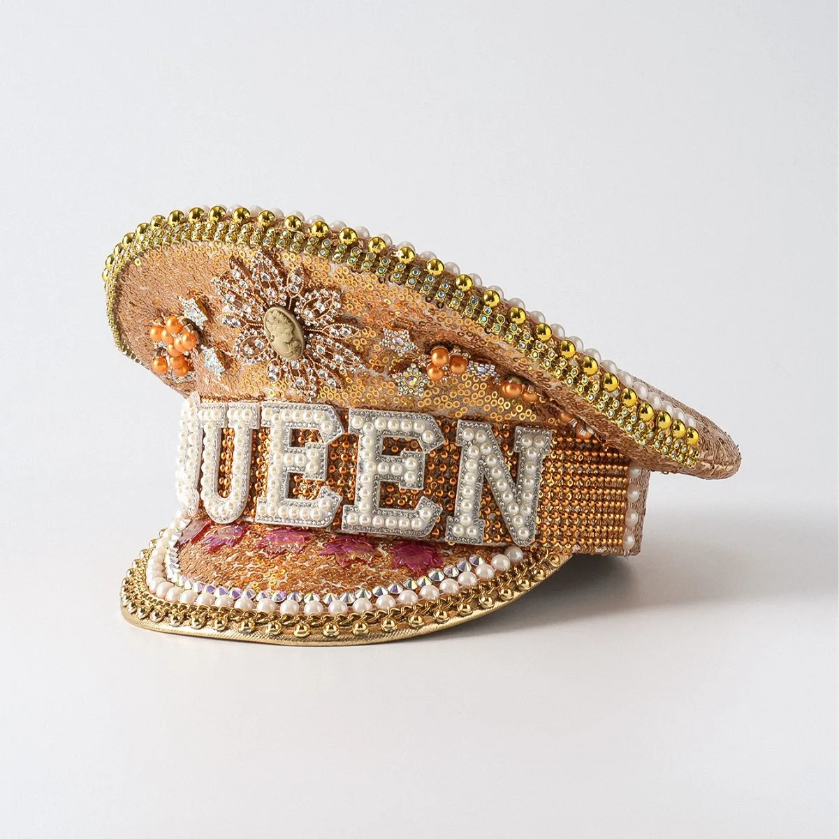 หมวกกัปตันหนังสีเหลืองเลเซอร์ HongLuan ประดับคริสตัลและหมวกทหารสำหรับผู้หญิง อุปกรณ์เสริมสำหรับงานเทศกาลดนตรีและหมวกปาร์ตี้สำหรับผู้ชาย