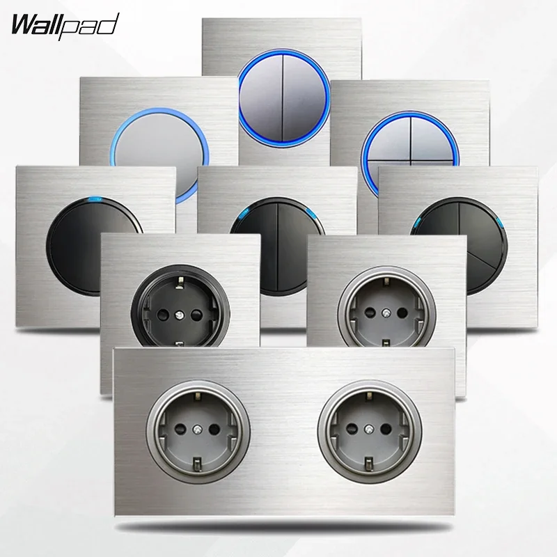 WALLPAD-interruptor de luz de pared de Metal cepillado de aluminio plateado con forma circular, LED azul, enchufe de pared francés UE, negro/gris, alta calidad
