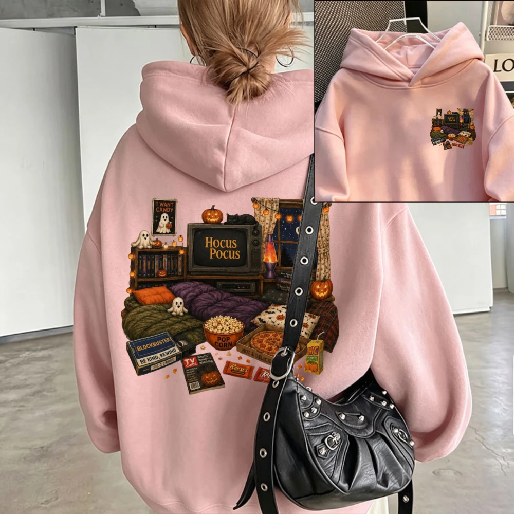 Retro Halloween Movie Night Hoodie Spooky Ghost Pumpkin Cozy Bedroom Snack Pizza Popcorn Pullover Sweatshirt Casual Streetwear