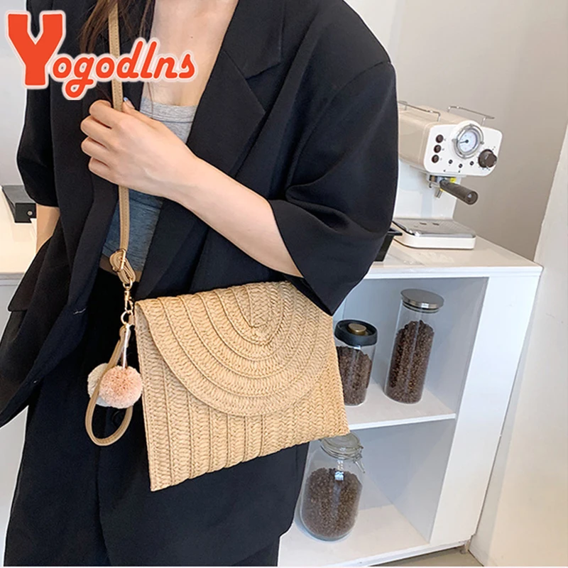 Yogodlns Summer Envelope Straw Bag For Women Fashion New Beach Bag Bohemian Style Shoulder Crossbody Bag Braided Handbag clutch