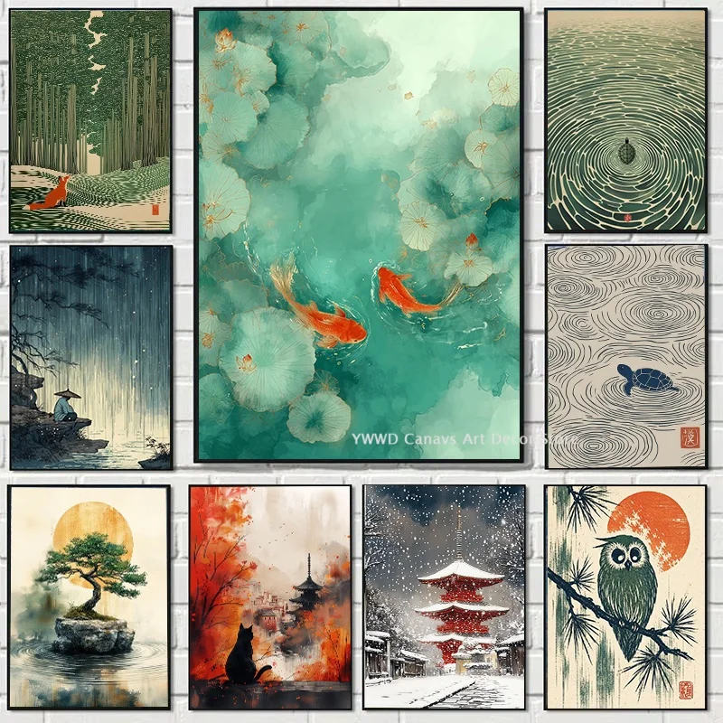 Japanese Watercolor Koi Fish Fox Canvas Print Blue-green Lotus Pond Turtle Calm Natural Scene Wall Art Poster for Home Decor