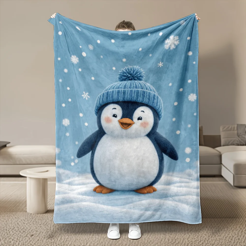 1pc Cartoon Blue Hat Penguin Printed Flannel Blanket, Ultra Soft Cozy Plush, All-Season Use, Machine Washable, Multi Sizes, 280GSM Heavy, for Bedroom, Sofa, Home Goods, AC Room, Winter Warm Cozy Throw, Ideal Christmas Gift