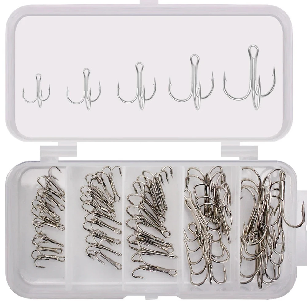 

50pcs/lot Fishing Tackle Silver Storage Box High Carbon Steel Treble Fishing Hook 2/4/6/8/10 Fishhooks Barbed Fishhook