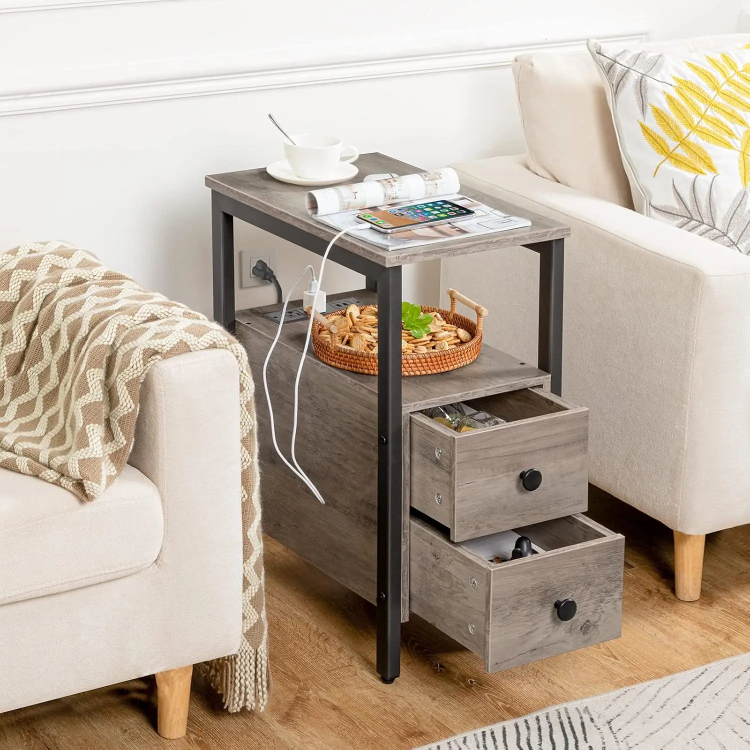 Hoobro Set Of 2 End Tables With Charging Station, Narrow Side Table With Drawers & Usb Ports & Power Outlets, Nightstand For