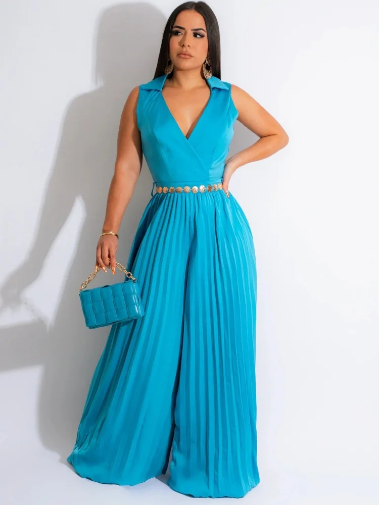 

Three Sisters Summer New Woman Clothing Sleeveless Temperament Casual V-neck Gathered Waist Pleated Loose Wide Leg Jumpsuit