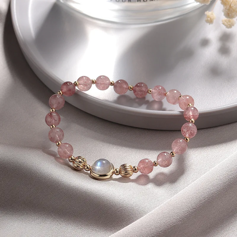 

6mm Natural Pink Strawberry Quartz Gray Moonstone Strand Beaded Bracelets for Women Female Fine Jewelry Accessories YBR857