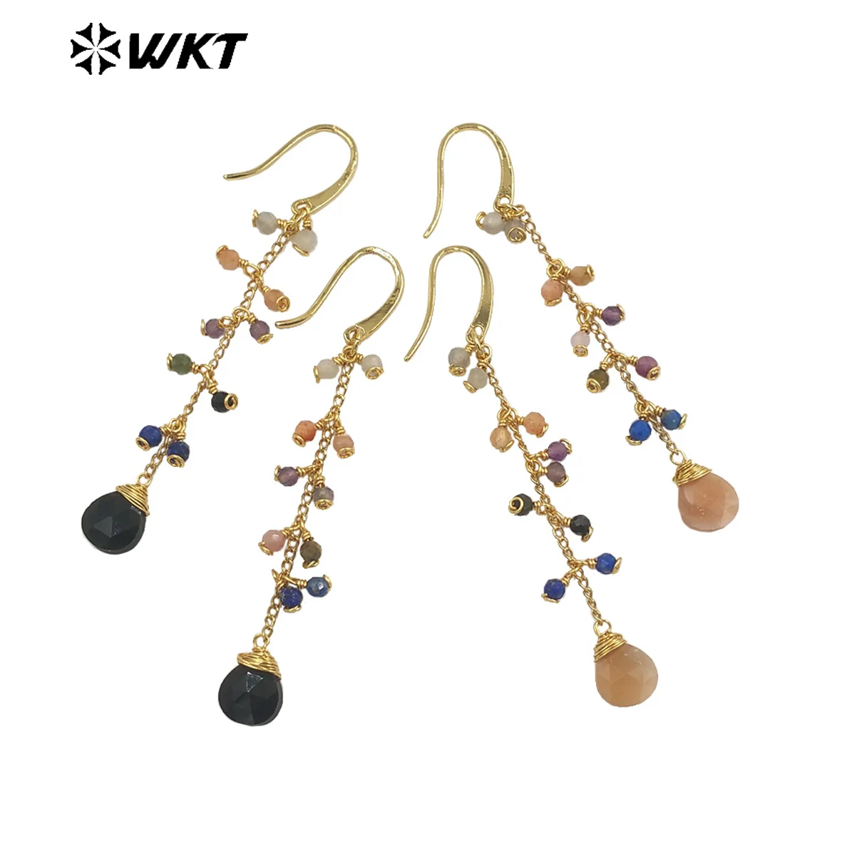 

WT-E725 Amazing colorful Gemstone wire wrapped long charming earrings women dangle gold Birthday stone earrings in drop