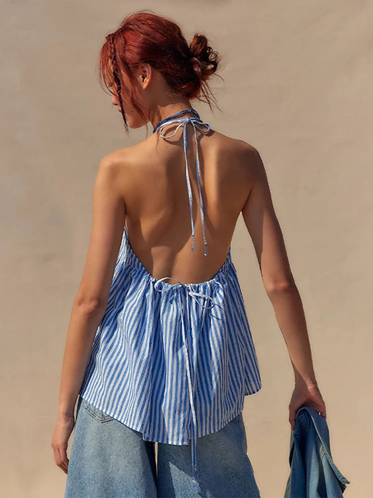 Sexy Stripe Halter Vest Women 2024 Summer Sexy Lace Up Backless Sleeveless Female Shirt Casual Loose All-match Holiday Beachwear