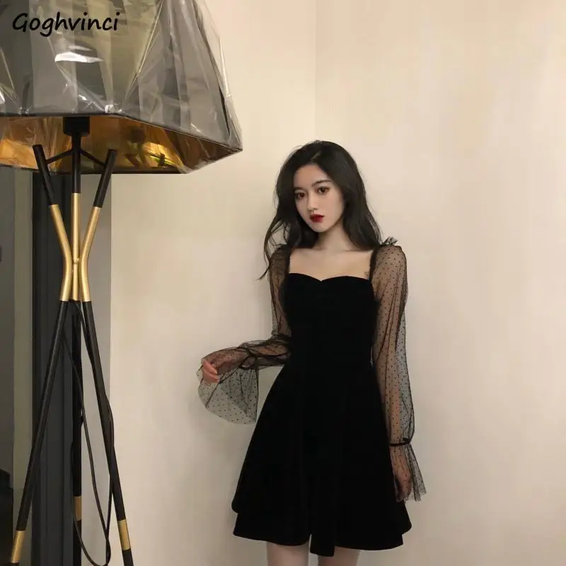 Long Sleeve Dress Women Korean-style Vintage Elegant Mesh Square-collar Club-wear Mini Dresses Sexy Lady A-line High-waist Slim