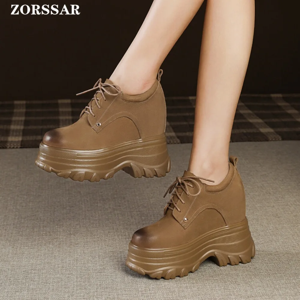 12cm Genuine Leather Women Casual Shoes Chunky Sneakers Platform Wedge Hidden Heel Women Leisure Shoes Summer Sneaker Women