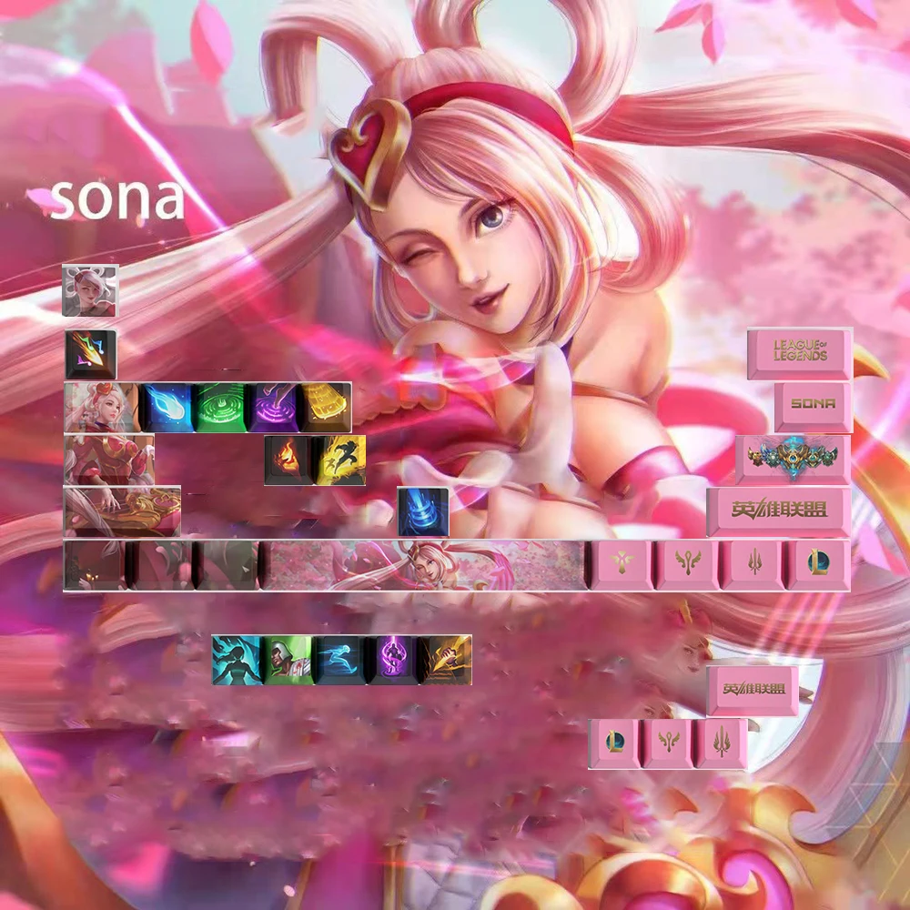 League of Legends keycaps 33 keys OEM Profile Mini Set PBT Dye Sublimation Keycaps For Mx Switch Sona Samira Pyke Lux Kaisa Jinx