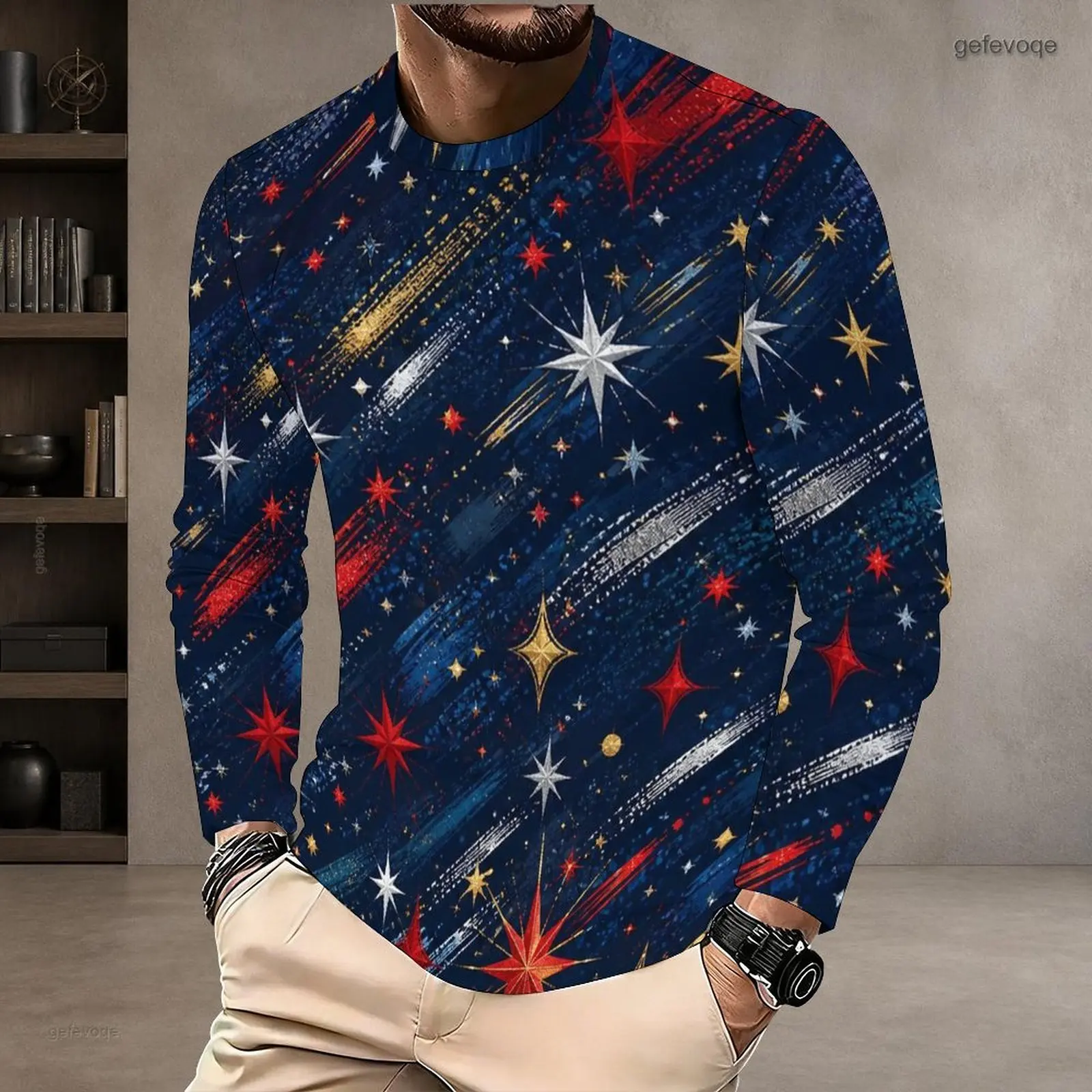 Men Star Print Red Navy Off White Round Neck Long Sleeve Pullover T Shirt